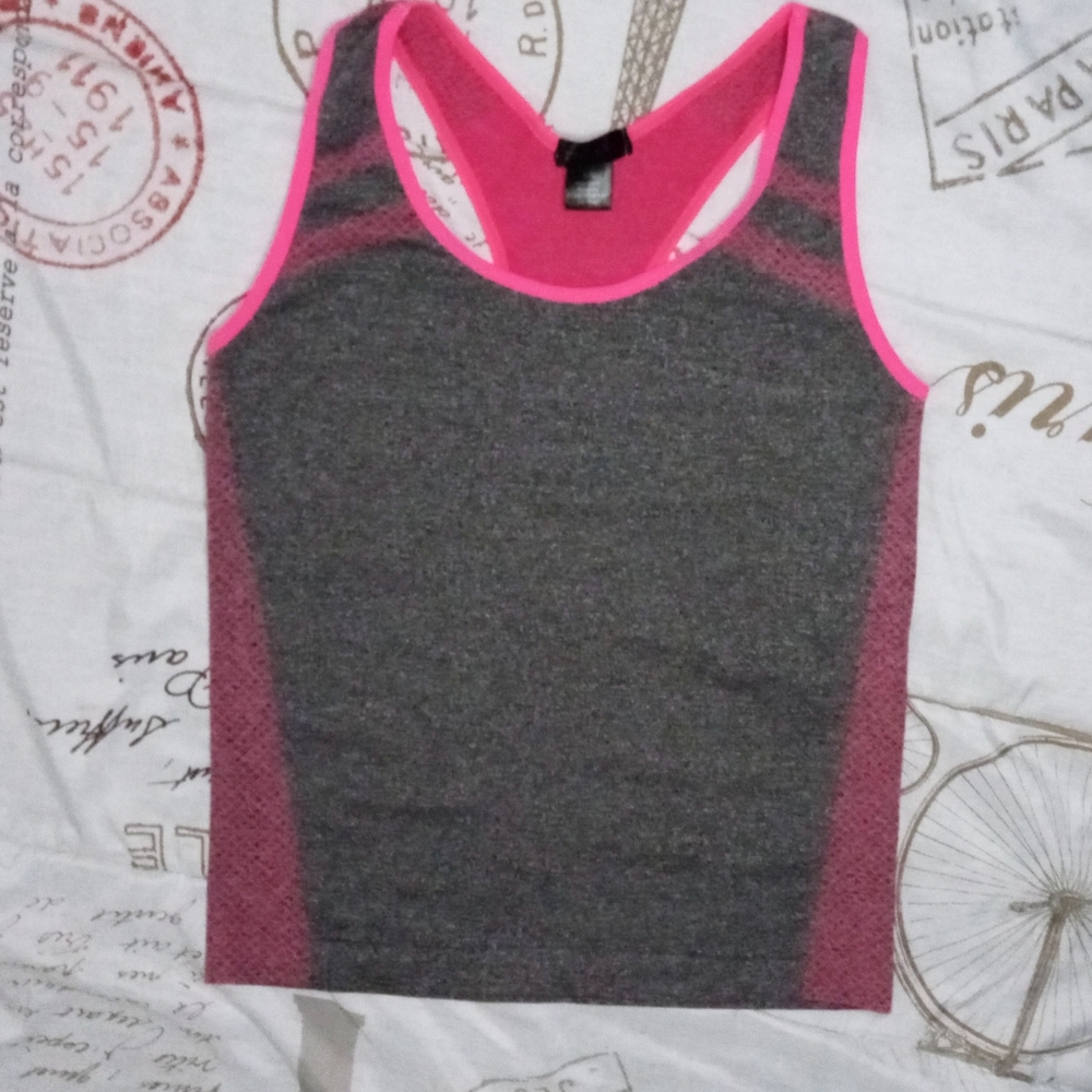 Workout top pink inside and gray outside with cross back